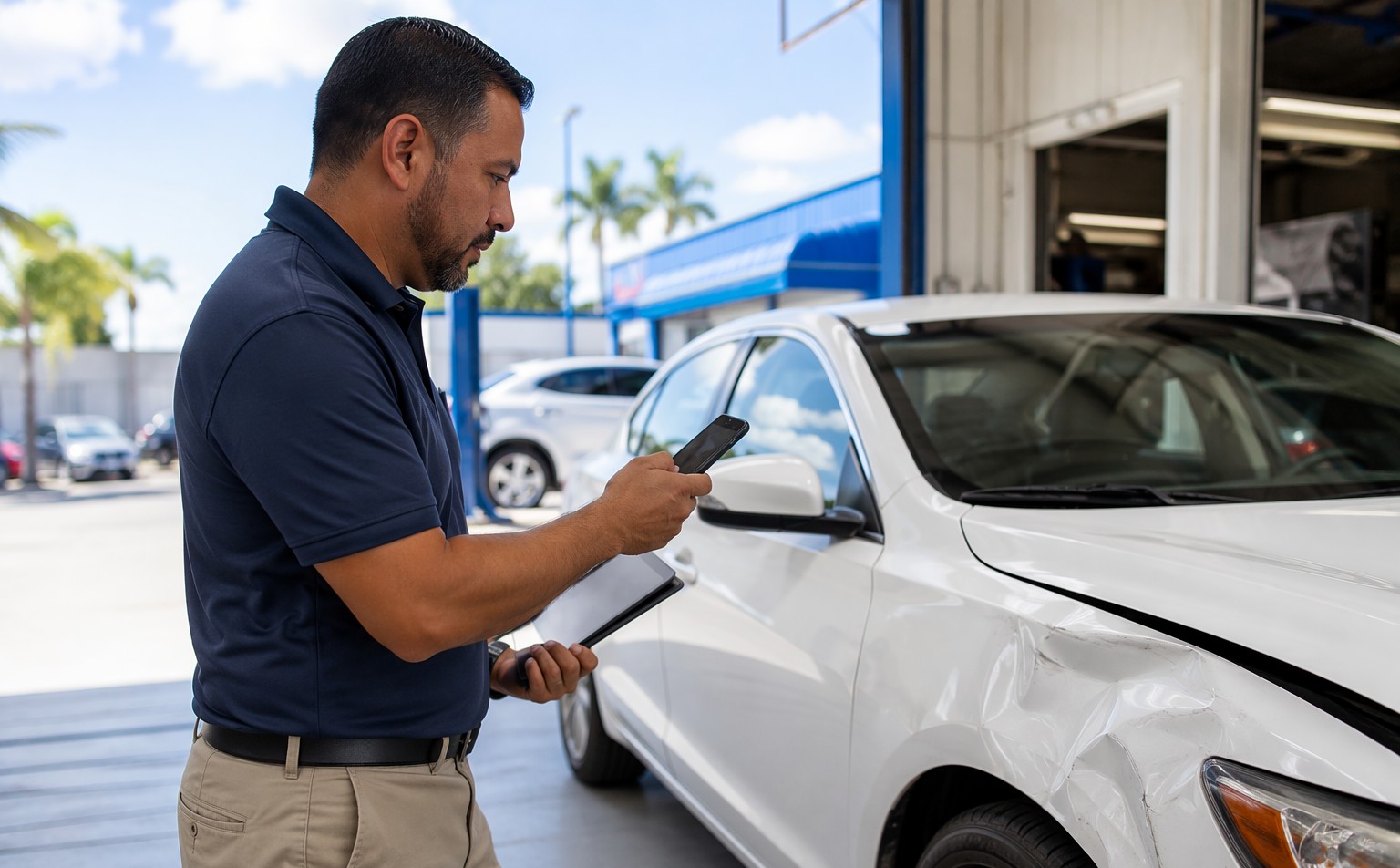 Insurance adjuster photographing a dented fender with a smartphone at a Florida body shop