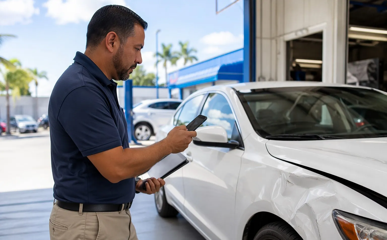 Insurance adjuster photographing a dented fender with a smartphone at a Florida body shop