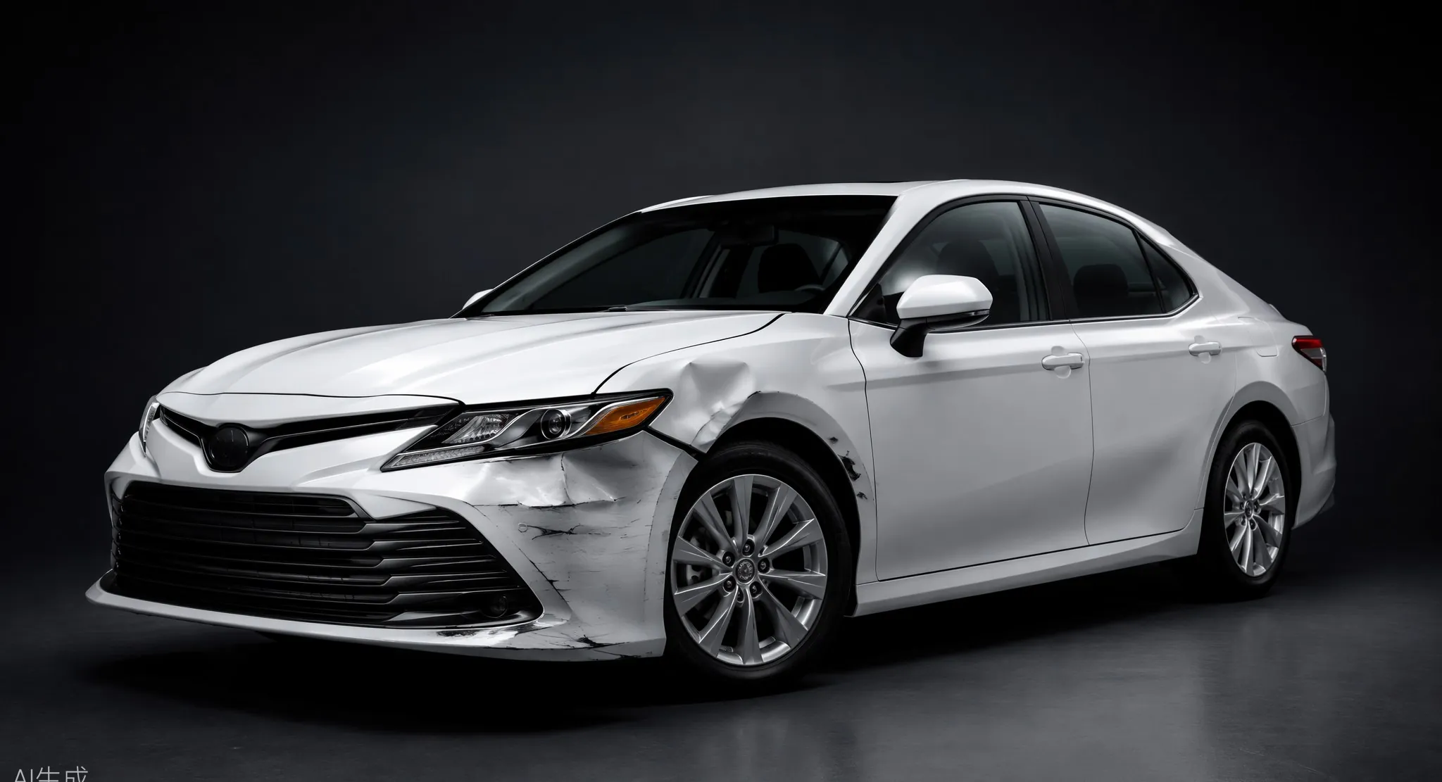 White sedan with dented front fender in studio light