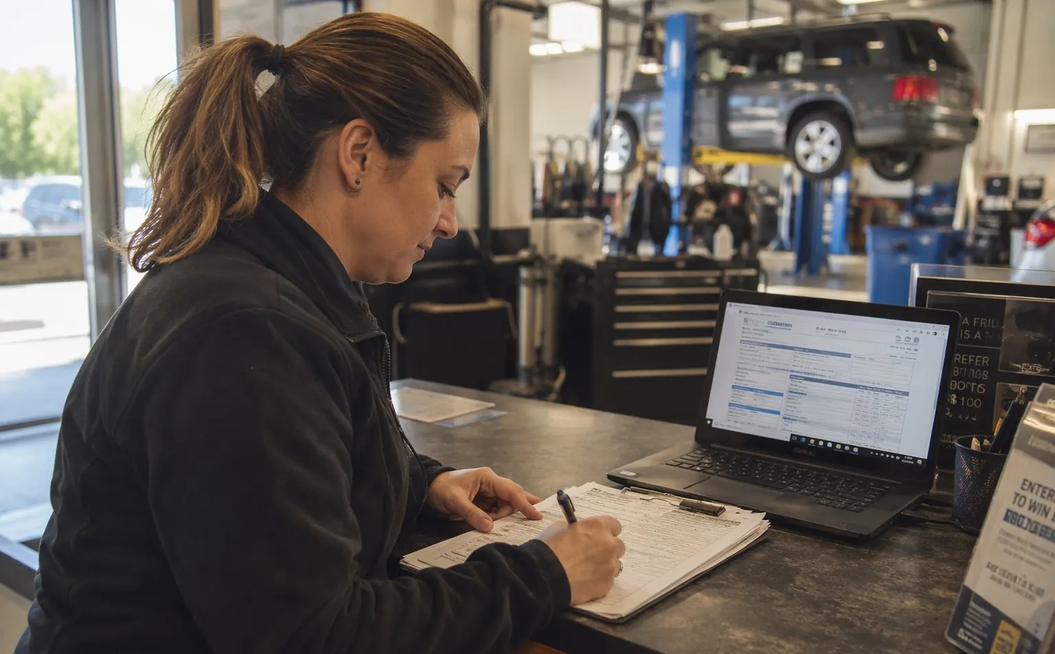 Service advisor writing a repair order at a body shop counter